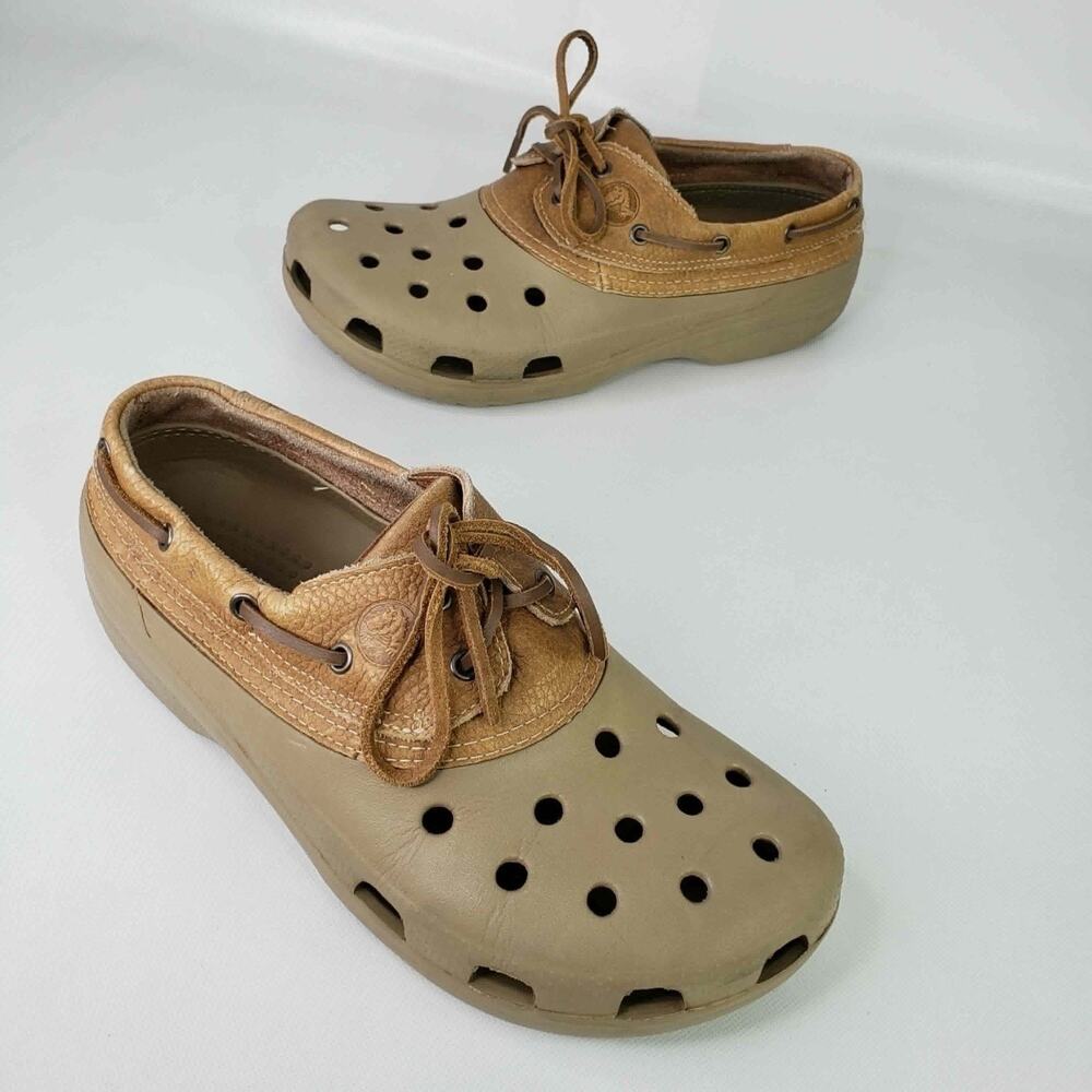 Crocs Brown Pitcrew Islander Leather Trim Boat Shoes Men’s Size 12 Lace Up